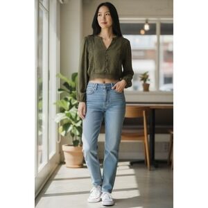 Mine Anthropologie Smocked Green Floral Peplum Blouse M‎ Puff Sleeve Work